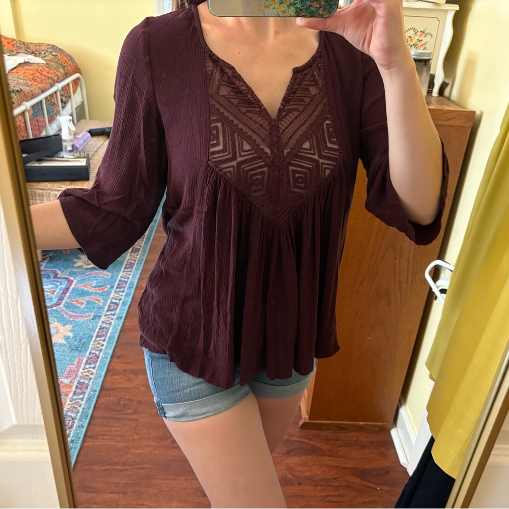 Flowy boho embroidered three quarter sleeve top